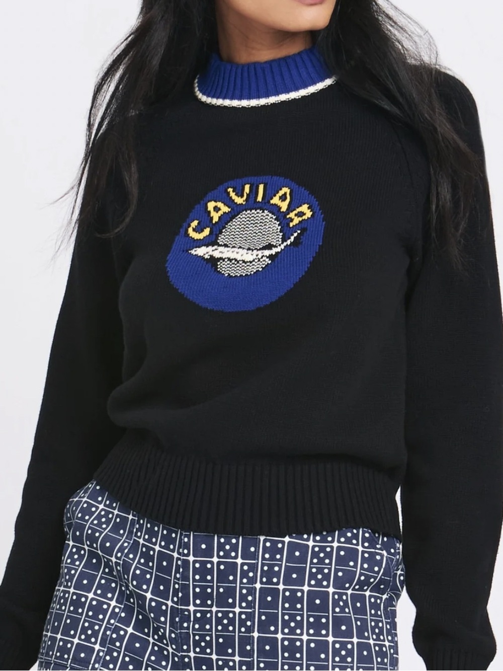 Rachel Antonoff Black Logo Crew Sweatshirt with Blue Trim